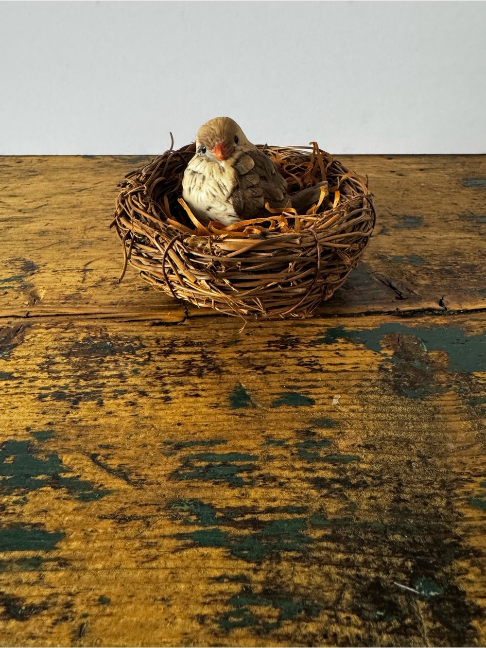 Decorative Nest with Small Faux Bird in Brown and Cream